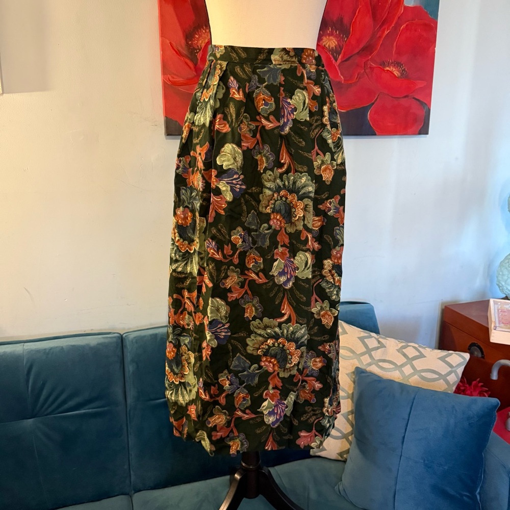 Vintage 90s USA ORVIS Women's Floral Pleated Skirt Autumn Shades Size 10/12 - Picture 1 of 8